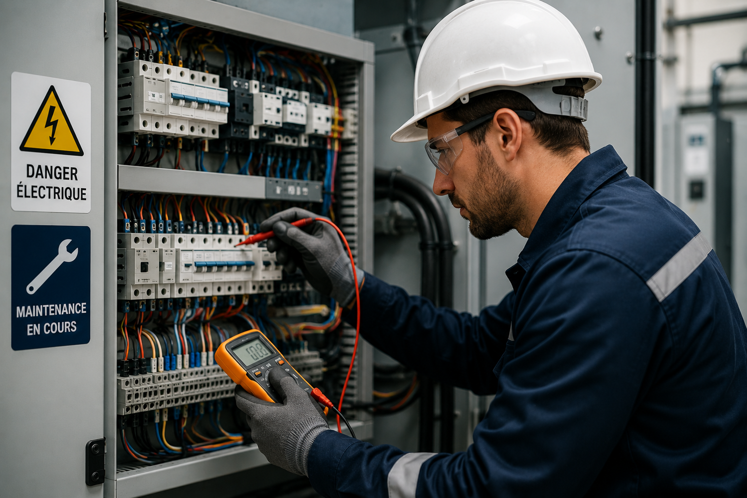 Électricien qui fait une maintenance électrique